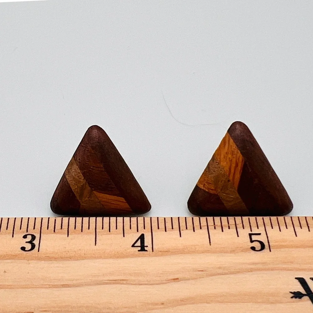 Vintage Inlaid Wood Pierced Earrings Geometric Triangle Inlaid Brown Boho